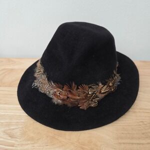 Modern Makins Black Fedora Hat with Feather Detail 2020s, 11" Dia Church Crown‎